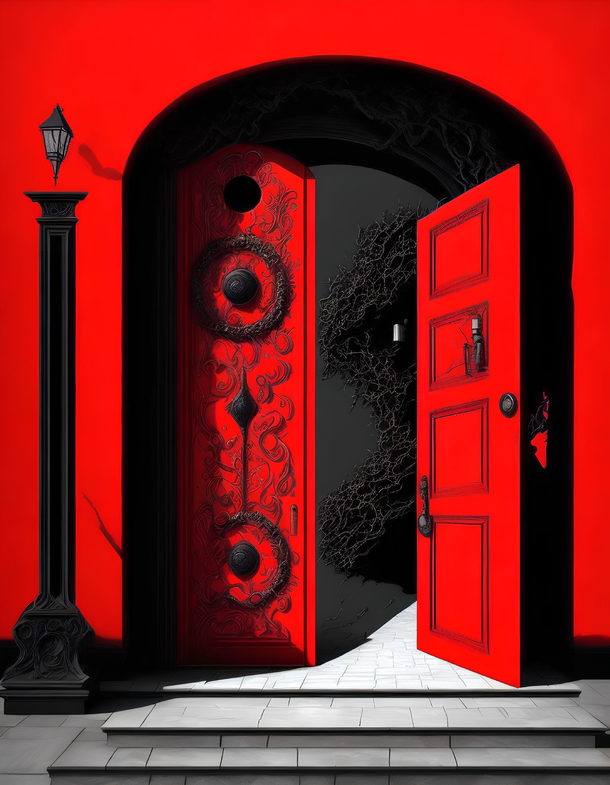 Vibrant red door in dark void with intricate black patterns and classic lamppost on red wall