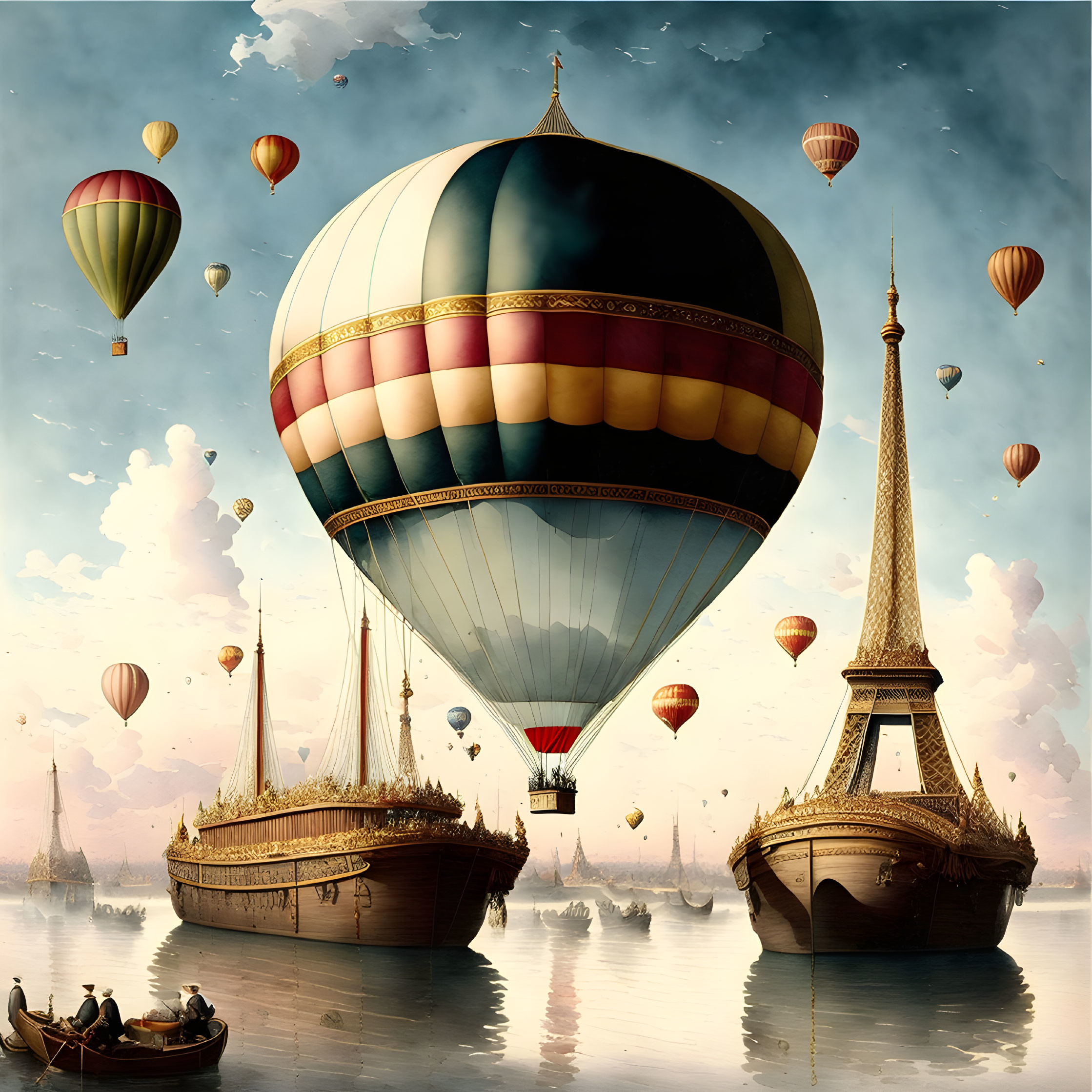 Large hot air balloon over calm sea with smaller balloons and boats, reflecting spires