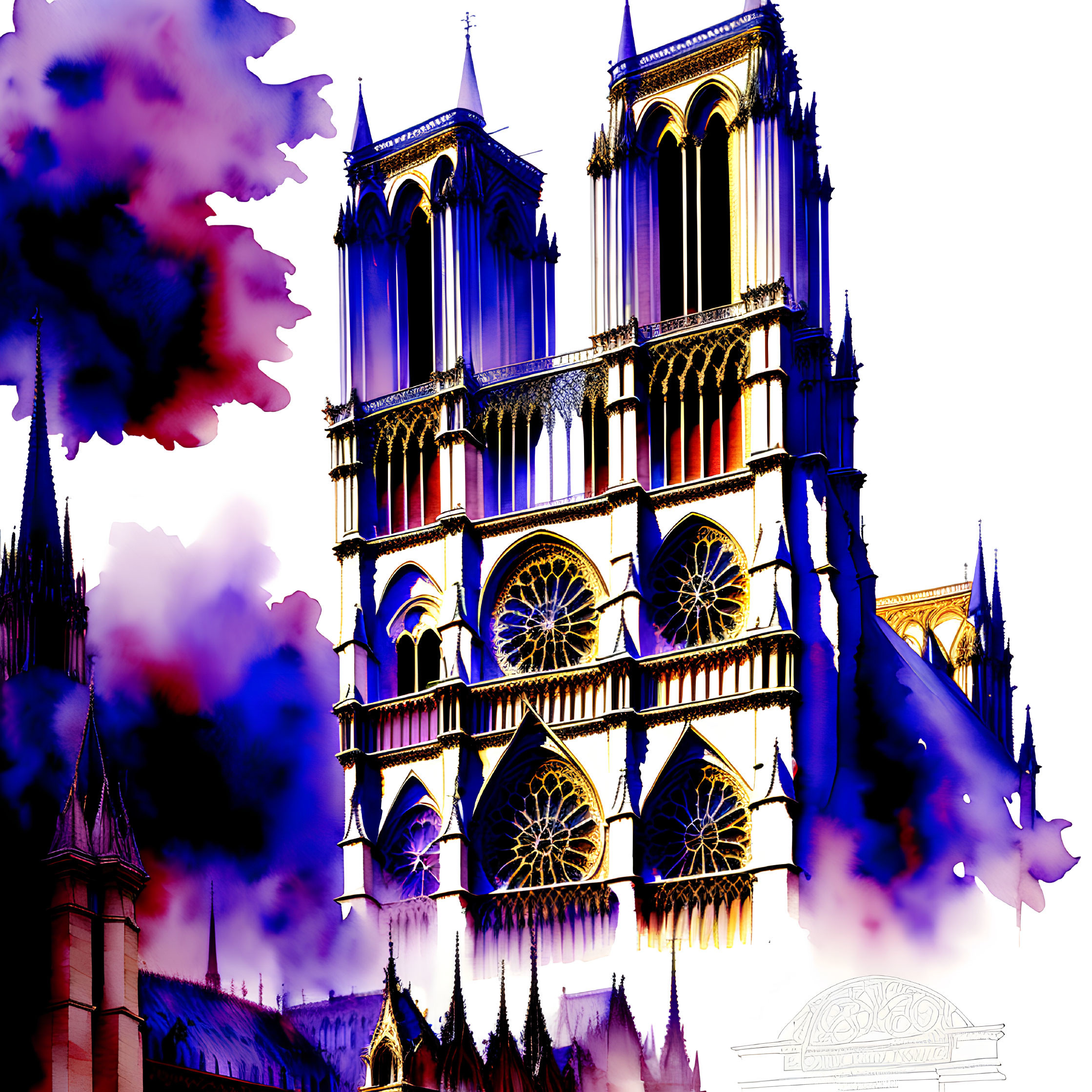 Colorful Gothic Cathedral Illustration with Twin Towers and Rose Windows