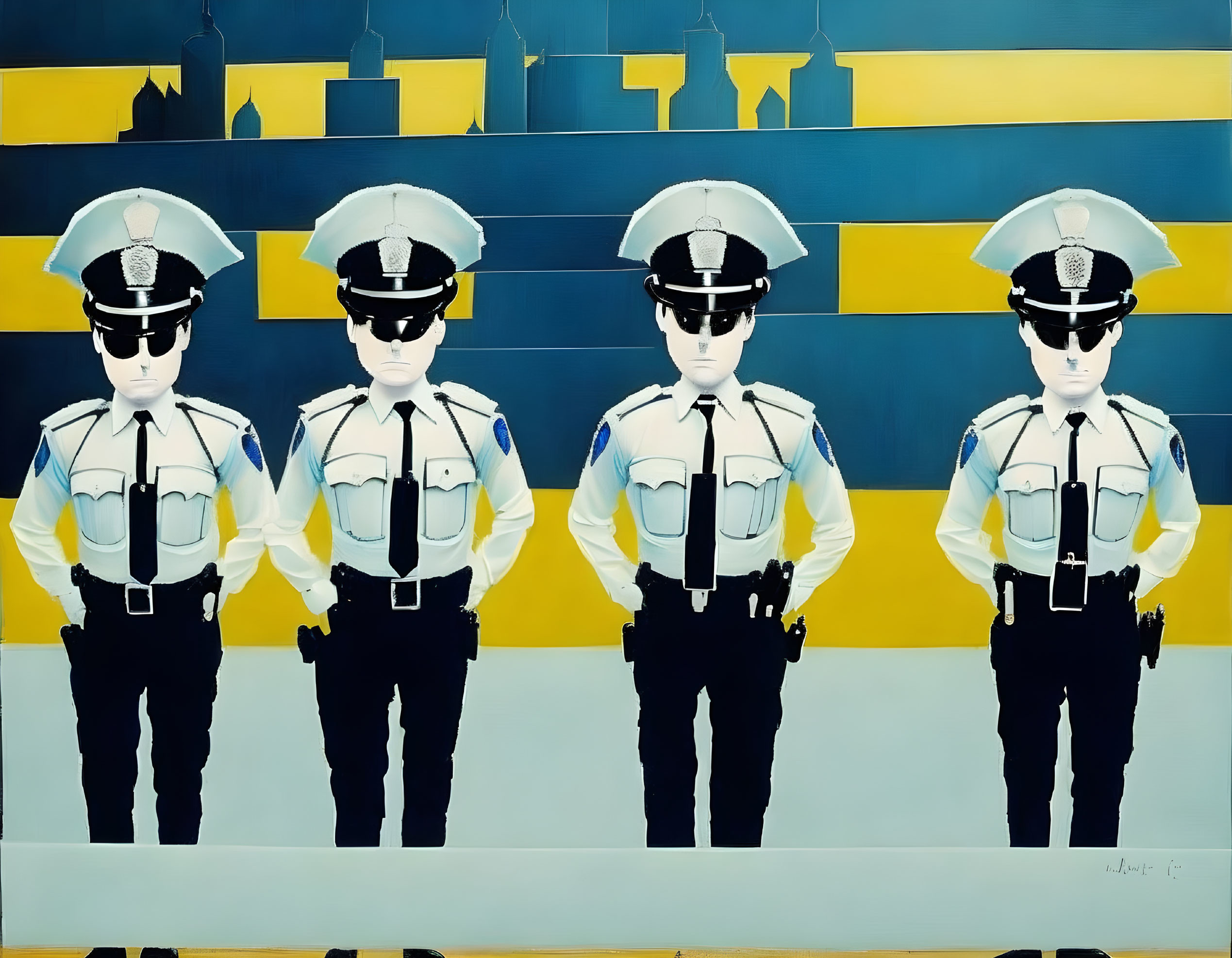 Four Cartoon-Style Police Officers on Blue and Yellow Striped Background