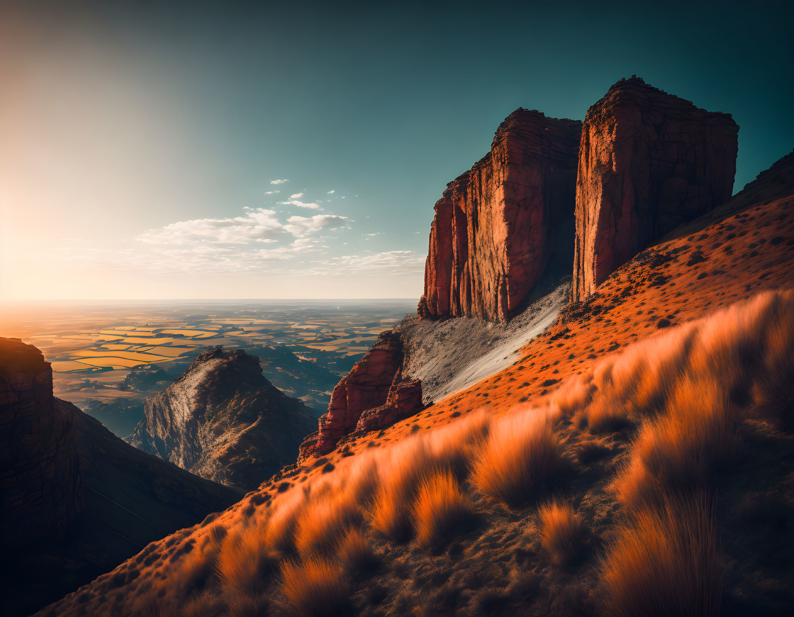 Vibrant red cliffs at sunset with green plains and grass.