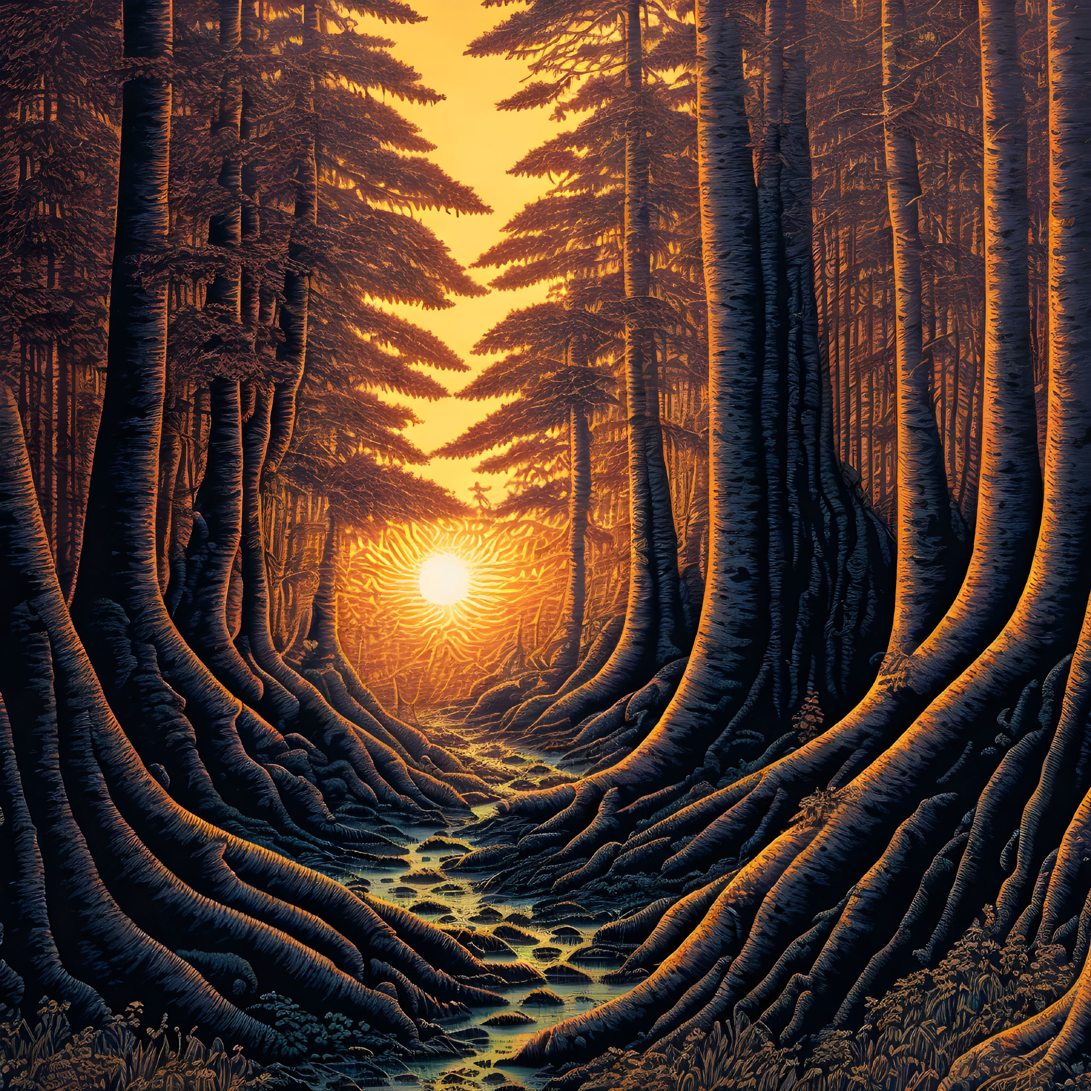 Enchanting forest scene with tall trees, stream, and sunset glow