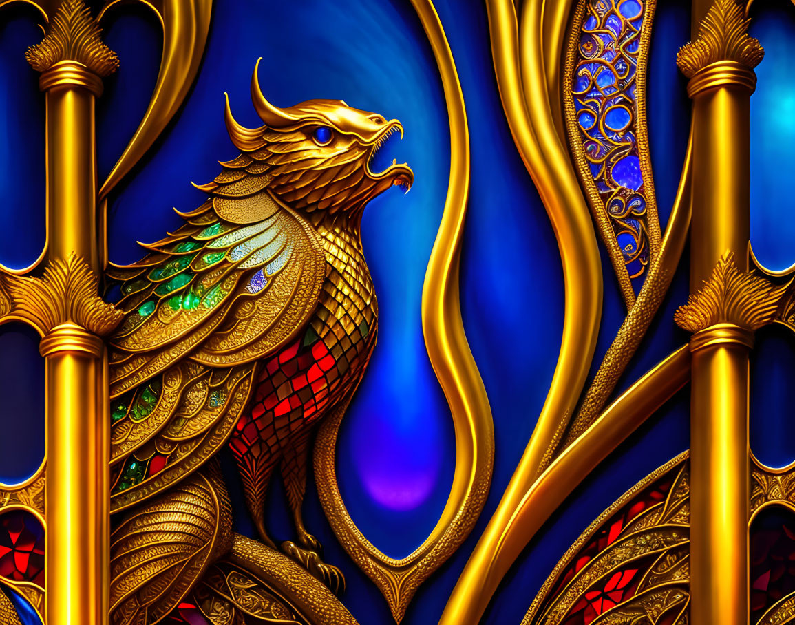 Vibrant artwork: Ornate golden dragon on blue backdrop with red hints