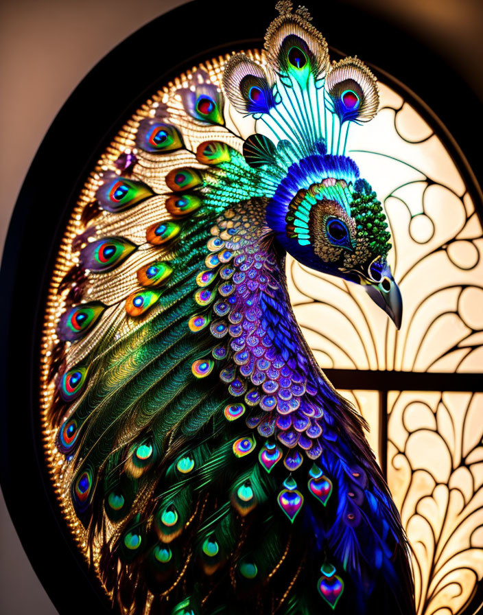 Colorful peacock stained glass artwork on warm backdrop