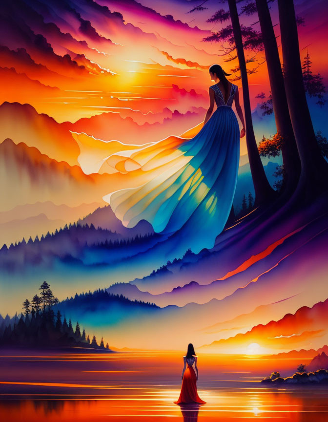 Woman in flowing dress by lake at sunset with colorful hills