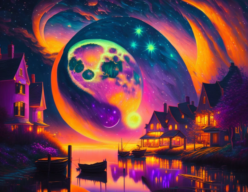 Colorful Fantasy Landscape with Swirling Galaxies and Lakeside Dusk Scene