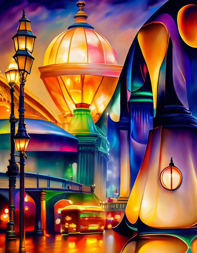 Colorful cityscape artwork with glowing buildings and street lamps