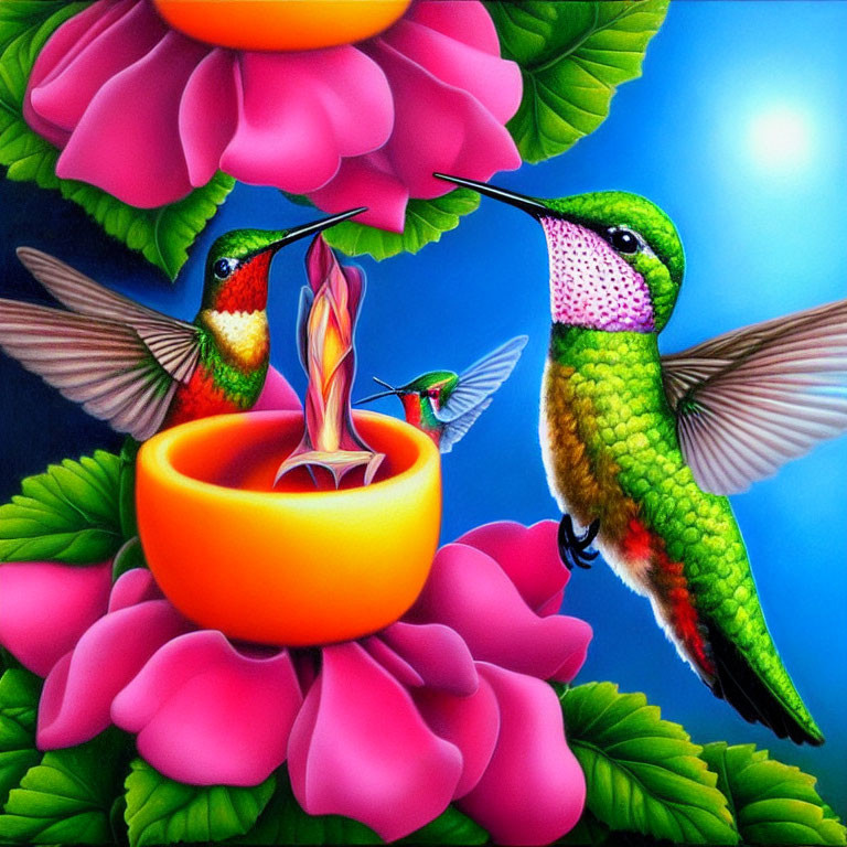 Vibrant hummingbirds and flower on colorful backdrop