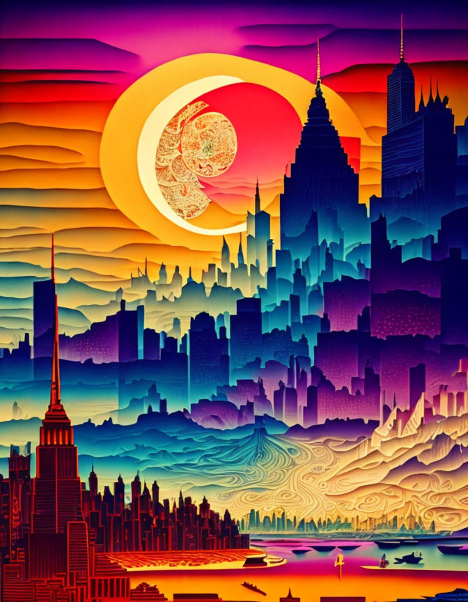 Colorful Surreal Cityscape Artwork with Silhouettes and Skyscrapers