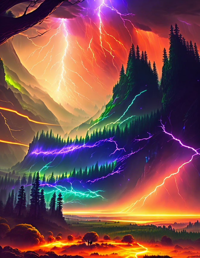 Colorful digital artwork of mystical landscape with lightning over mountains and forest under twilight sky