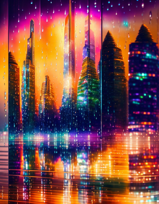 Futuristic cityscape with neon lights reflected on wet surface