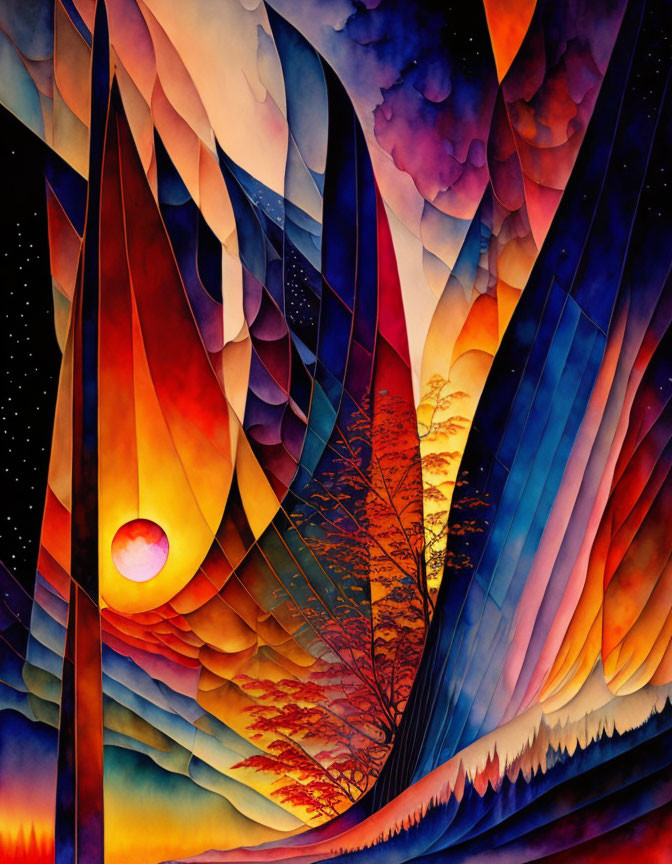 Abstract Watercolor Painting: Warm Hues, Curved Shapes, Surreal Landscape