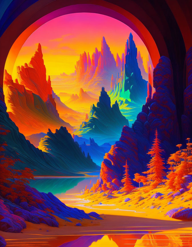 Fantastical landscape with vibrant orange and blue trees and dramatic rocky formations