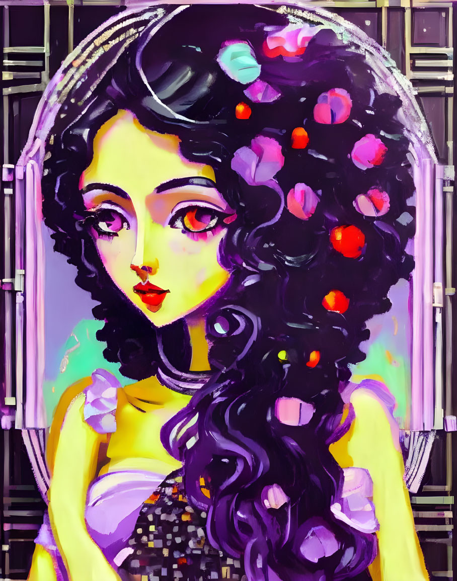 Colorful floral woman portrait with curly hair and yellow dress on purple background