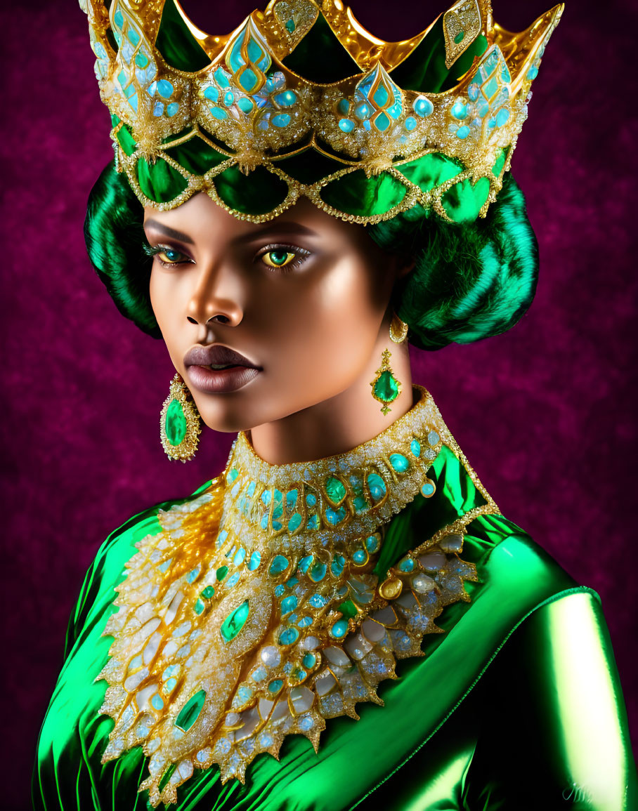 Person with dramatic makeup and green & gold crown on purple background