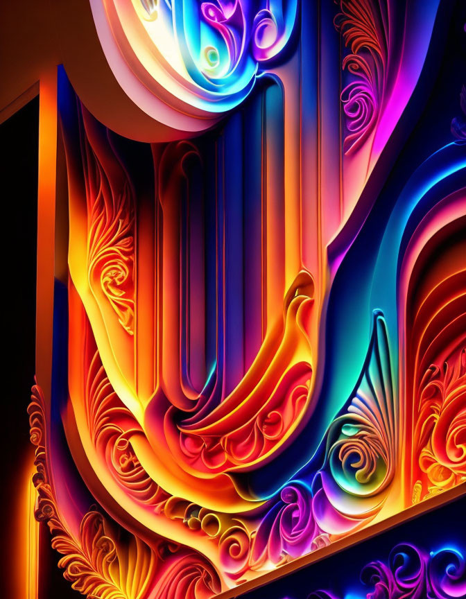 Colorful Abstract Art with Swirling Patterns and Neon-Like Glows