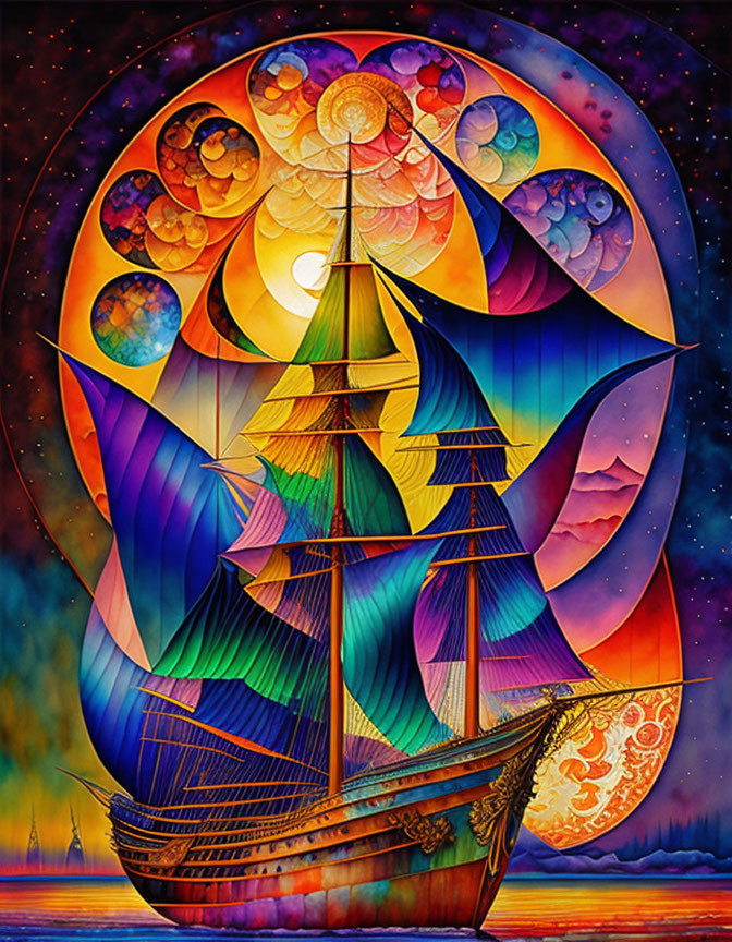 Vibrant sailing ship painting with intricate designs on abstract celestial background