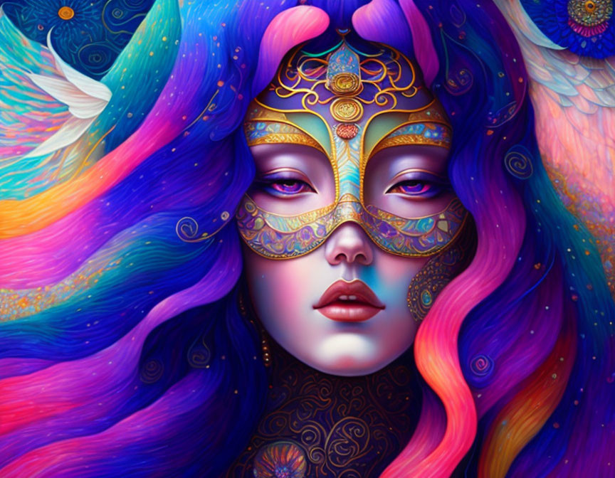 Colorful artwork of woman with purple hair & golden mask amidst feathers