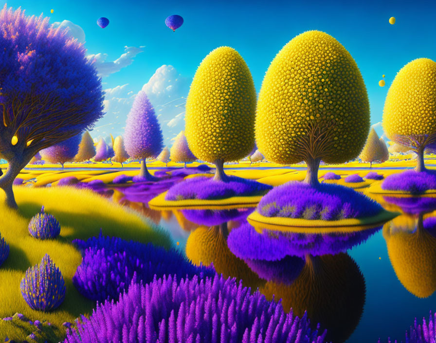 Colorful fantasy landscape with yellow trees, blue waters, purple grass, and hot air balloons