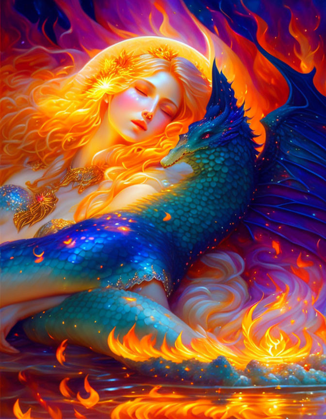 Fantastical image: Woman with golden hair merging into creature with blue tail in fiery scene