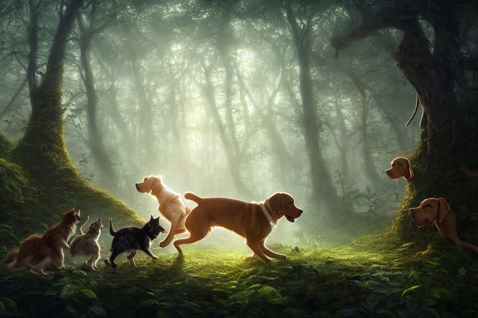 Cats and dogs playing in mystical forest with sunbeams