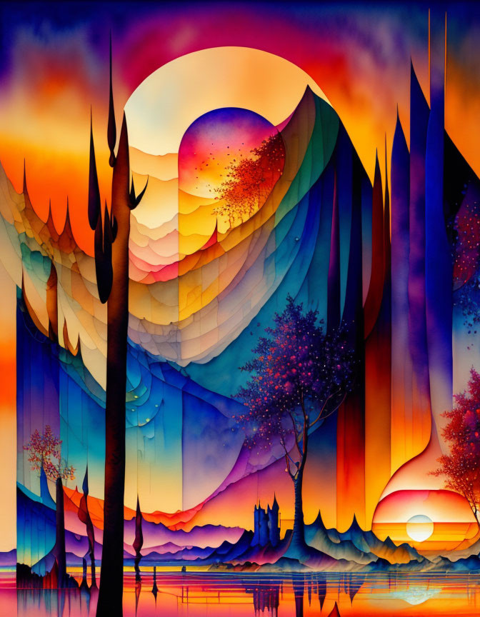 Abstract landscape artwork with stylized trees, castle silhouette, and sunset-hued hills