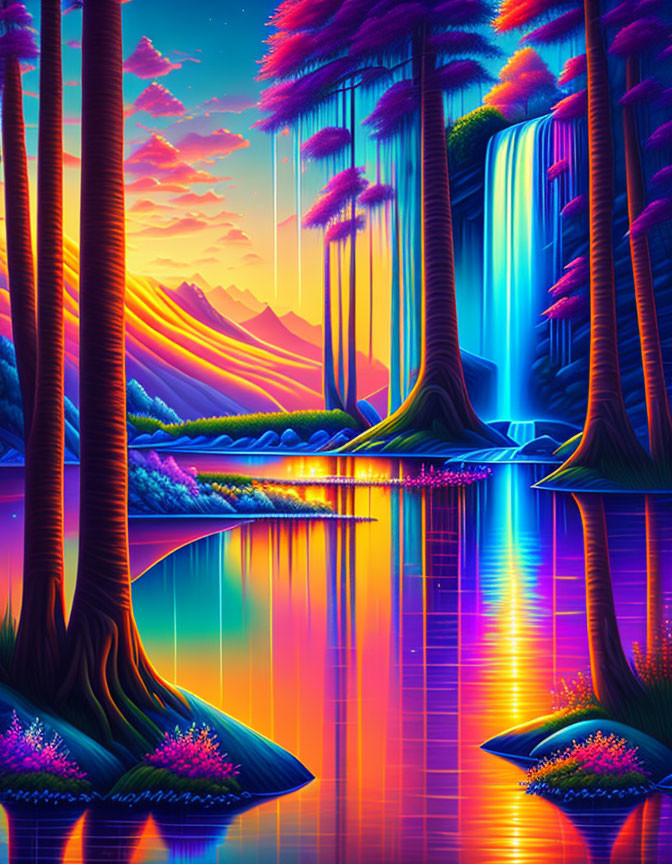 Surreal neon-lit landscape with waterfalls and serene lake