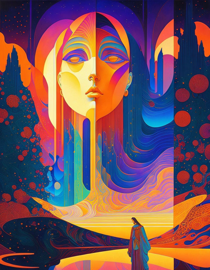 Colorful surreal artwork: dual-faced figure in wavy patterns with small silhouette.