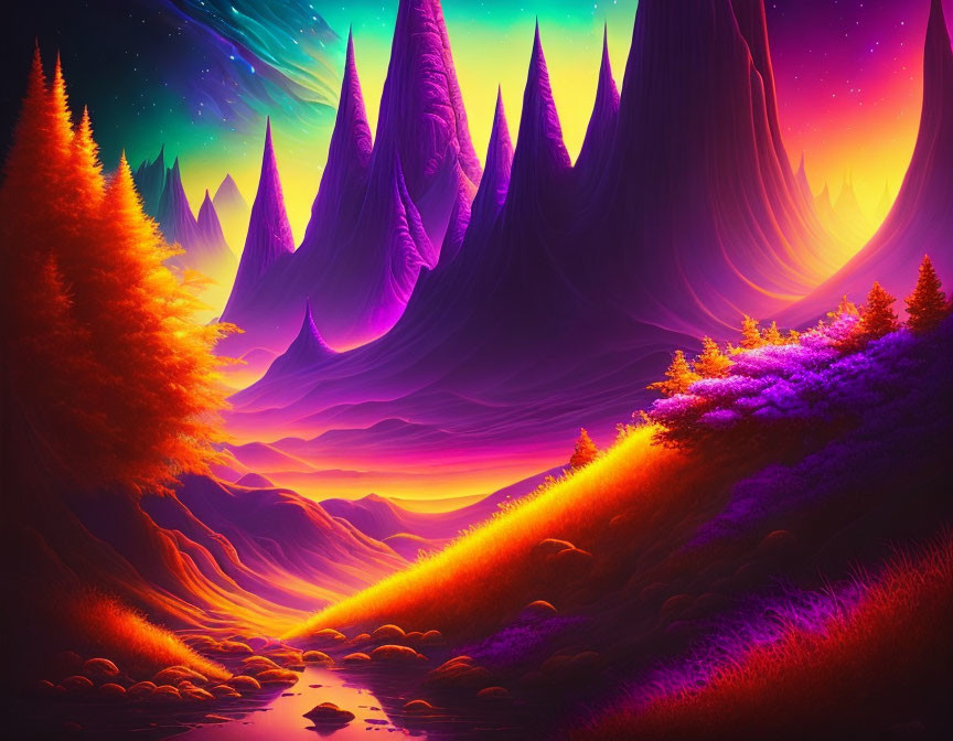 Fantasy landscape digital art: purple mountains, glowing river, radiant skies, colorful flora, starry