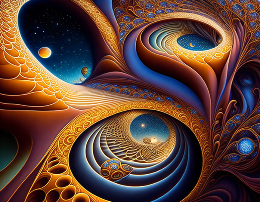 Colorful Fractal Art: Blue, Orange, and Gold Swirling Patterns