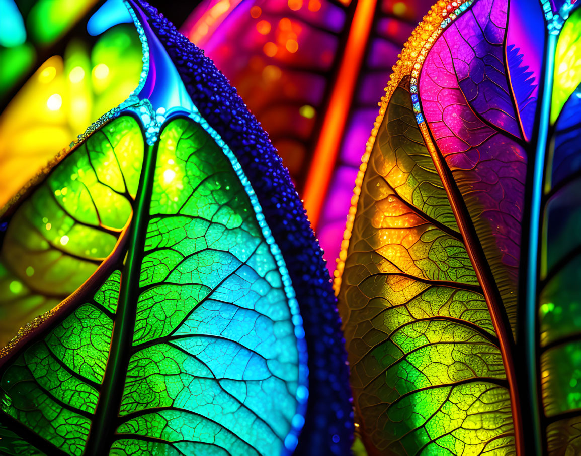 Vibrant translucent leaves with visible veins and water droplets in bokeh effect