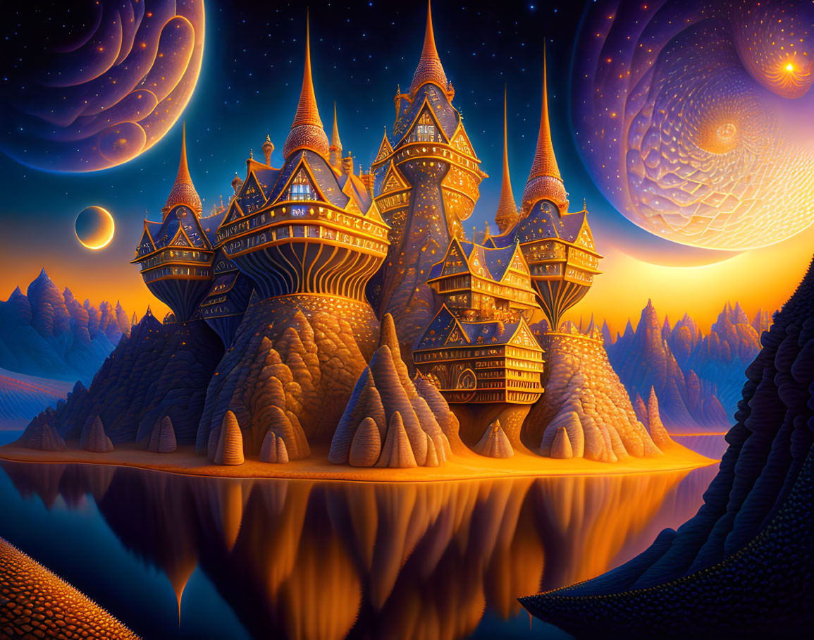 Fantastical castle with spires on conical rocks by serene lake at night