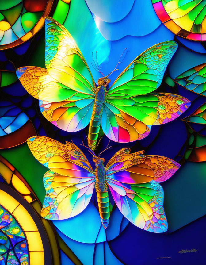 Colorful stained glass-style butterflies on blue background