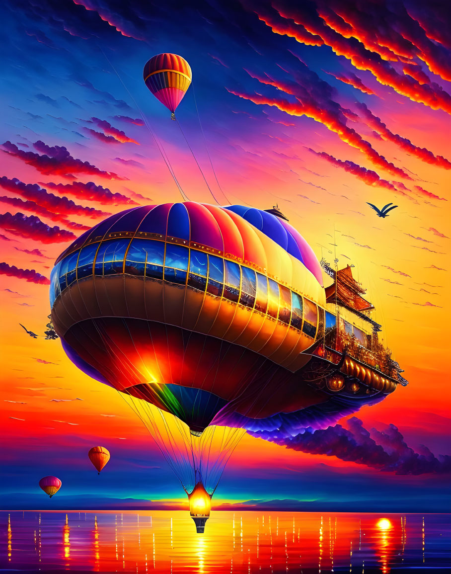 Colorful digital artwork: Hot air balloons, ship, water, sunset sky