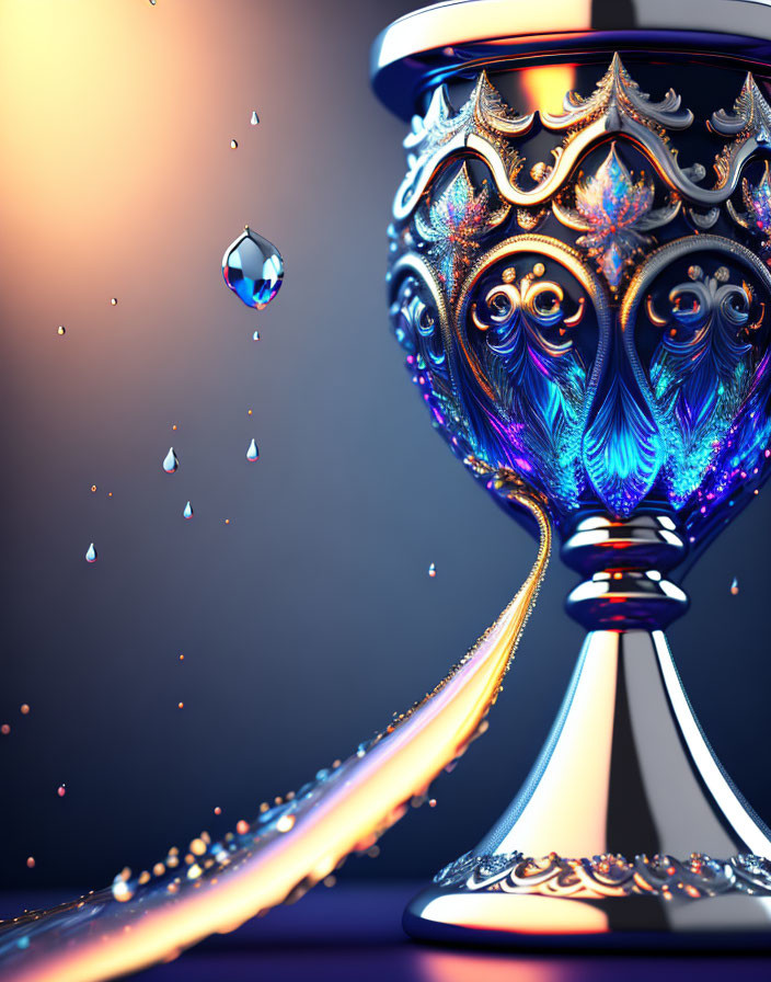 Glowing liquid spills from ornate goblet on gradient background