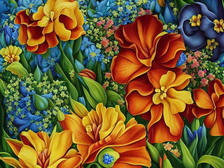 Colorful Close-Up Floral Arrangement with Orange, Yellow, and Blue Flowers