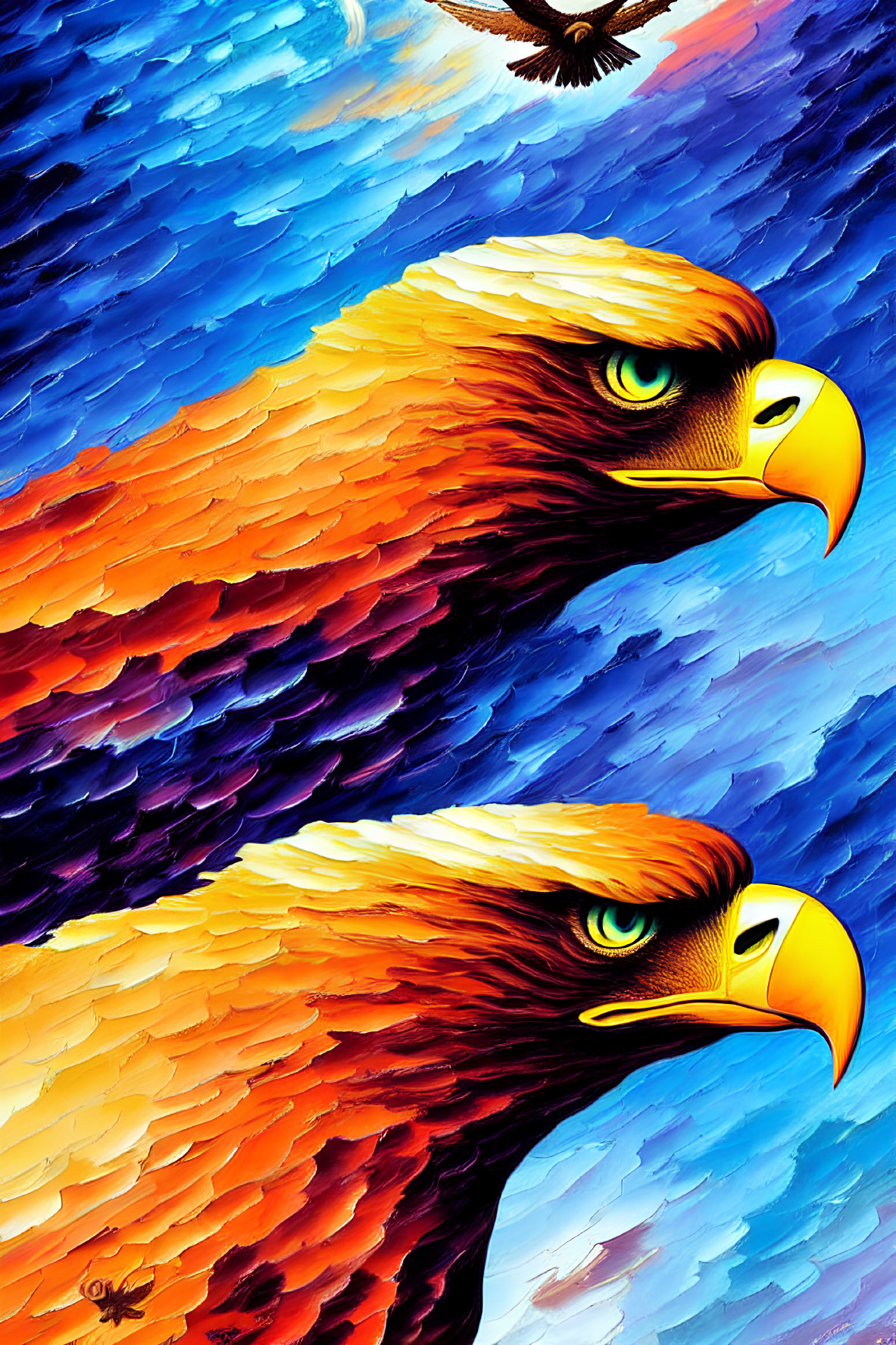 Two eagles in intense gaze on vibrant blue and orange background