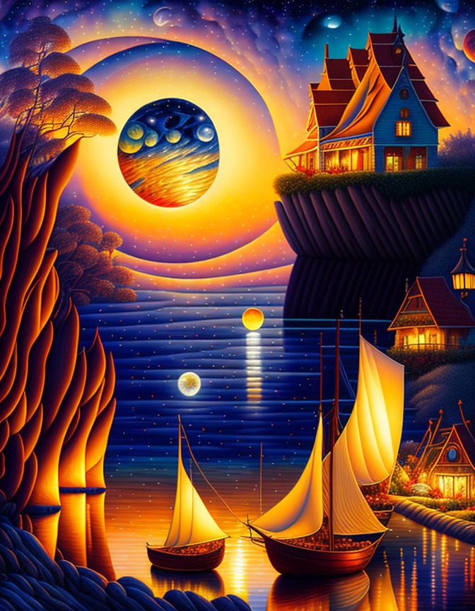 Fantasy artwork: Moonrise over sea, sailboats, cliff-side house, starry sky