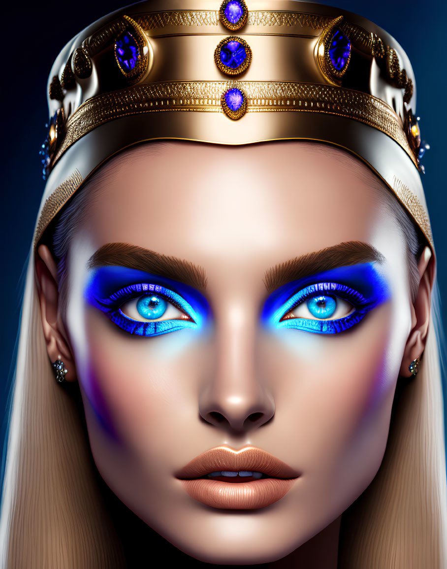 Digital portrait of a woman with blue eyes, bold makeup, and golden crown with blue jewels