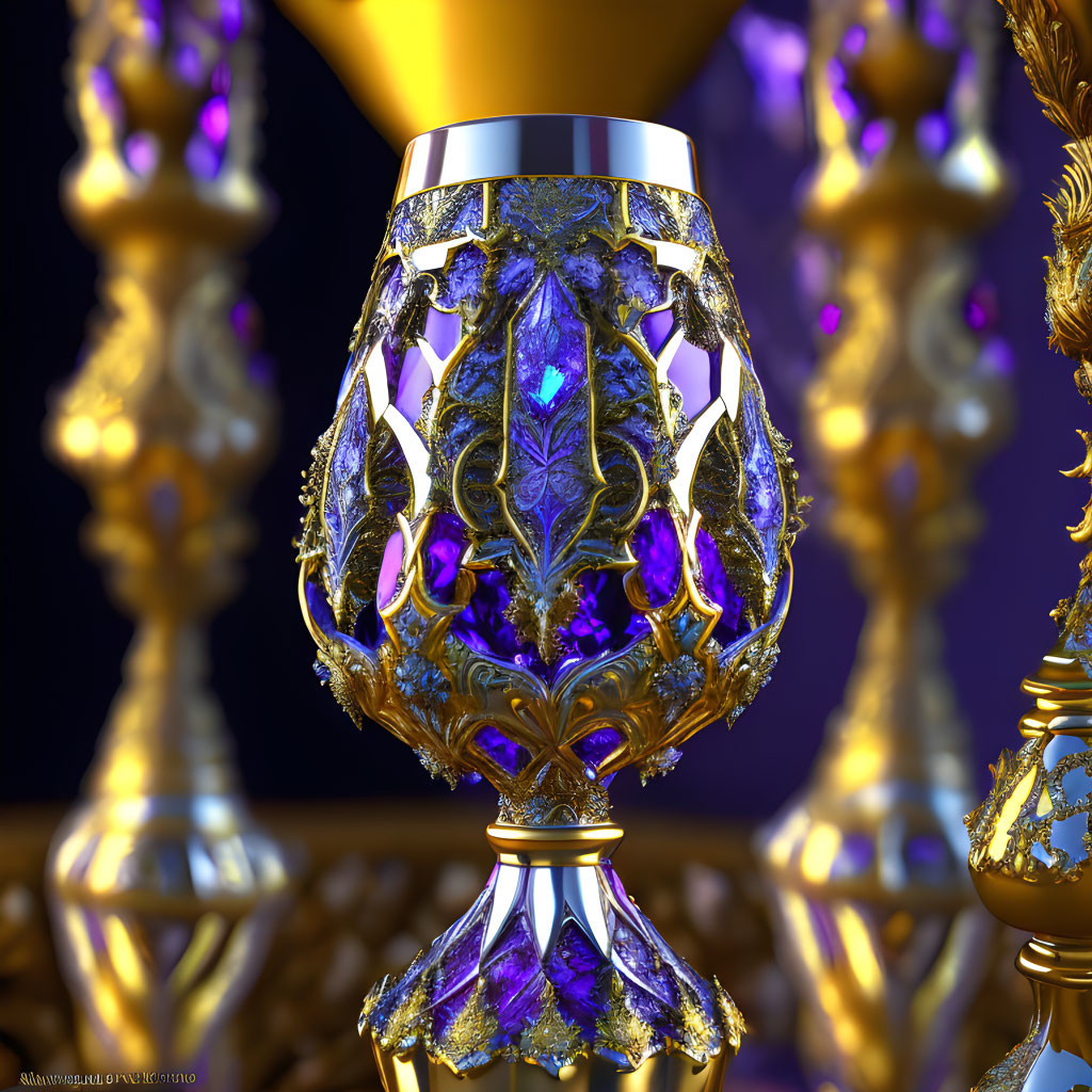 Golden chalice with filigree details and blue gemstones on blue background