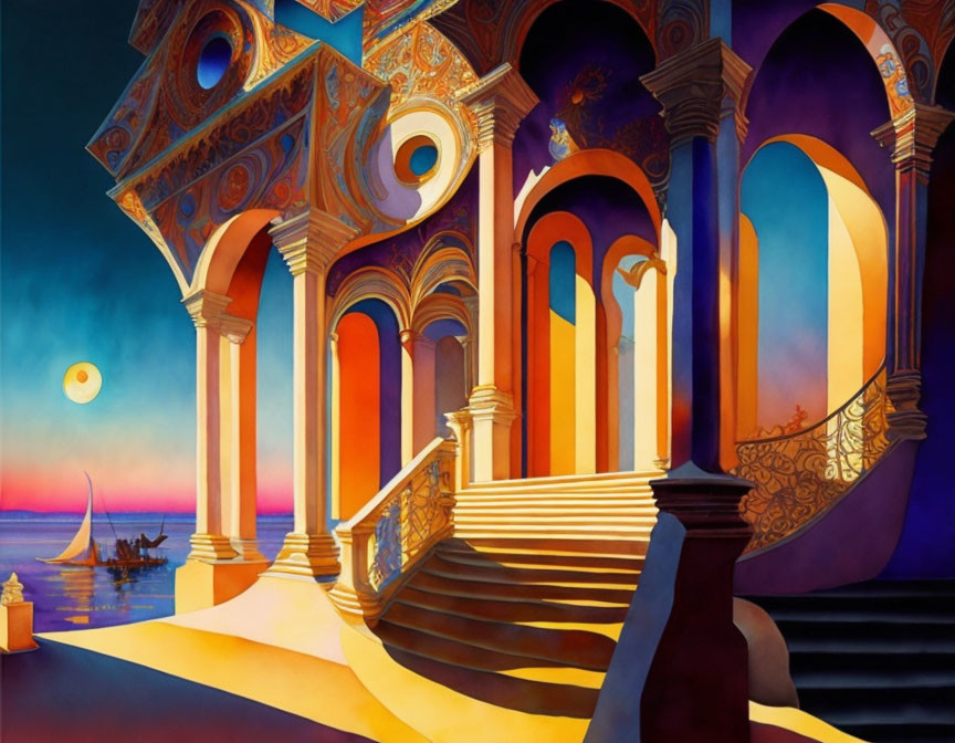 Colorful ornate building with arches and staircase by serene seascape at sunset