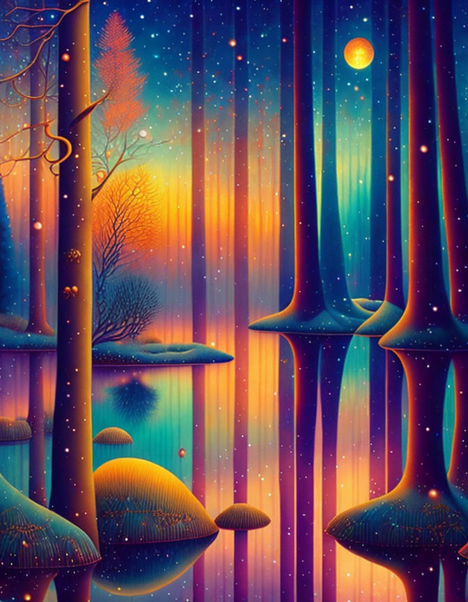 Fantasy forest with giant mushrooms, colorful trees, sunset horizon, and starlight landscape.