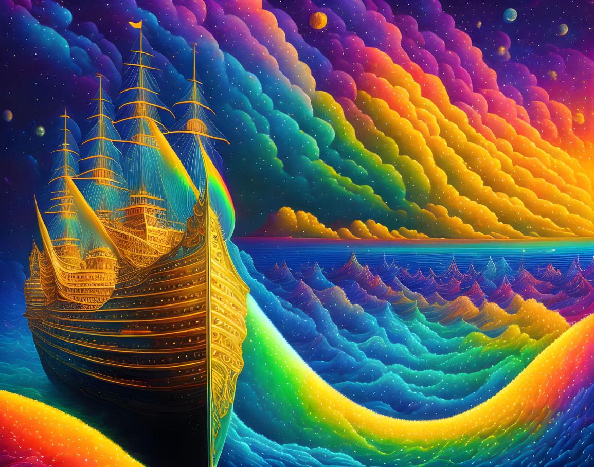 Vibrant surreal illustration of old sailing ship on rainbow waves under starry sky