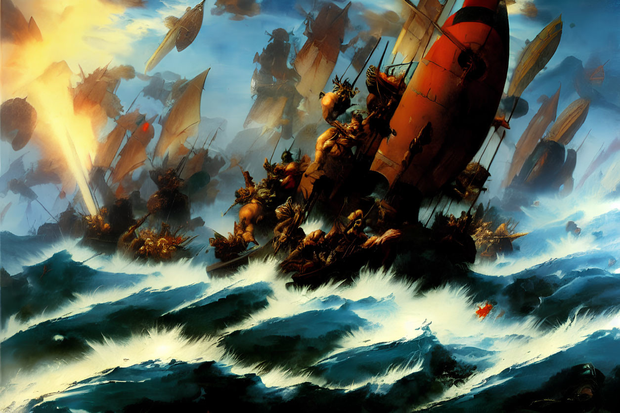 Epic fantasy sea battle with warriors, large ship, and armada amidst towering waves.