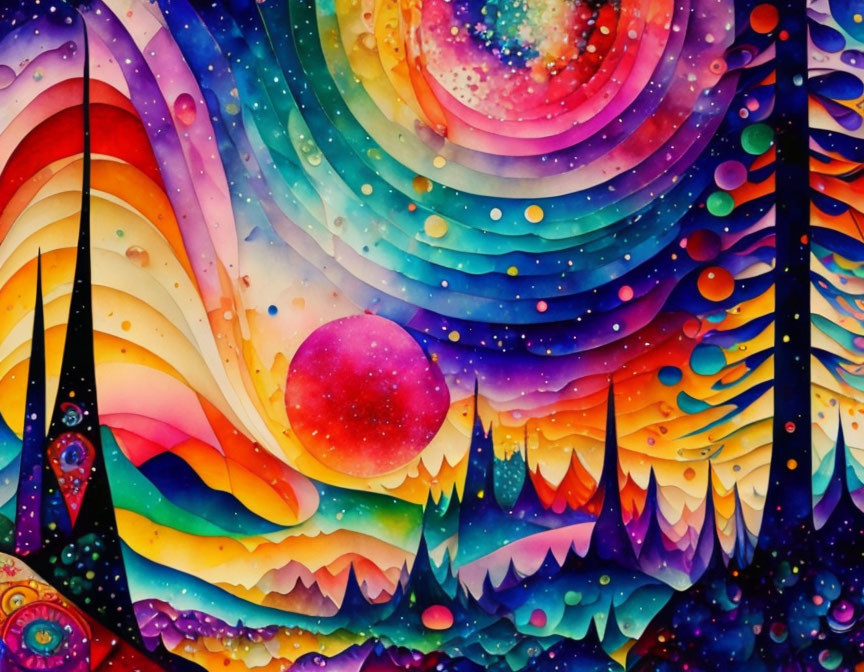 Colorful psychedelic cosmic landscapes with celestial bodies and whimsical terrains.