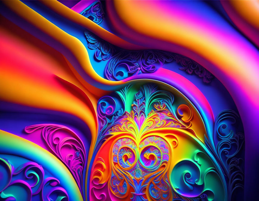 Colorful Abstract Art with Swirling Rainbow Patterns and Ornate Heart Motif