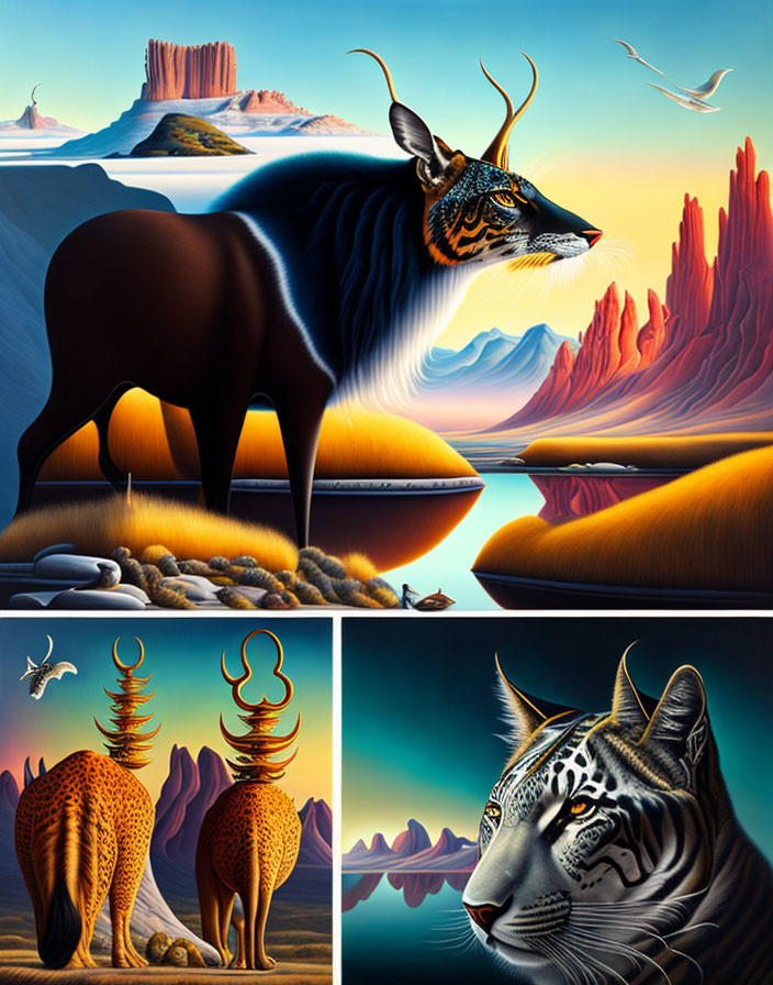 Vibrant surreal artwork: antelope, cheetahs, tiger in fantastical landscape