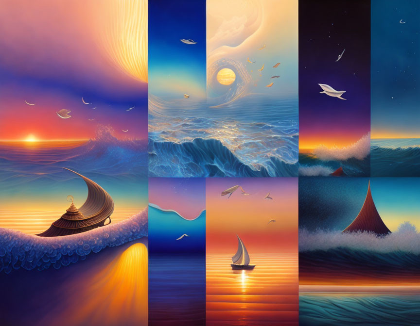 Nine-panel Collage of Tranquil Sea Scenes with Boats, Birds, and Sunsets