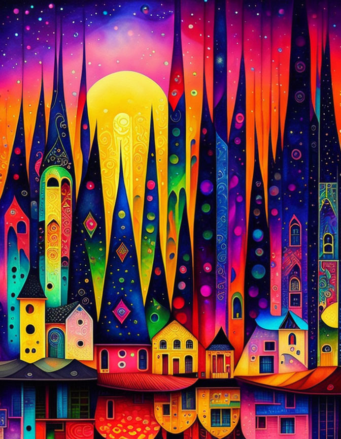 Colorful Surreal Cityscape with Elongated Towers and Starry Sky