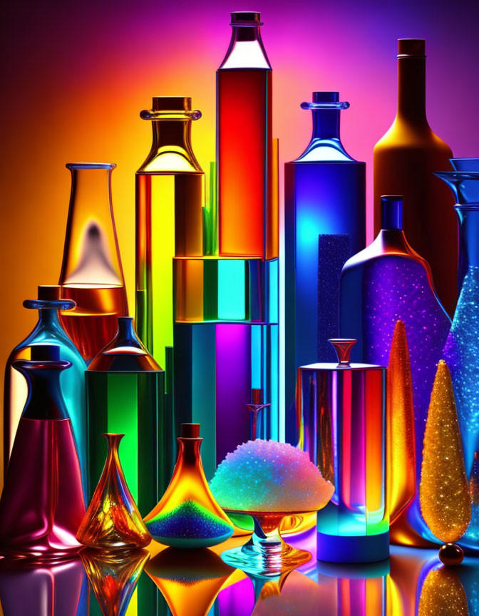 Colorful glass bottles and flasks on warm background with sparkling substances